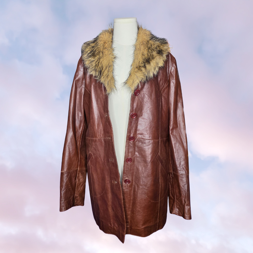Vtg 90s Wilsons Leather Long Brown Faux Fur Collar Pennylane Trench Coat Sz L - Picture 3 of 9